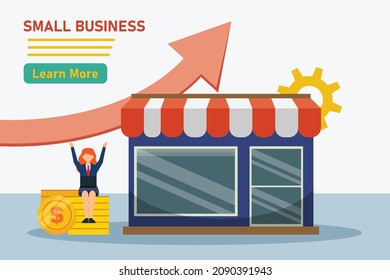 Small business vector concept. Success businessman sitting near her store with upward arrow background