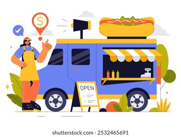 Small Business Vector Illustration Featuring Independent Ventures from Various Sectors Including Thriving Online Store and Food Trucks in a Background