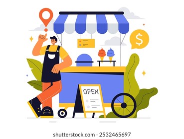 Pequeña Ilustración vectorial de negocios con empresas Independientes de varios sectores, incluyendo próspera tienda en línea y food trucks en un fondo