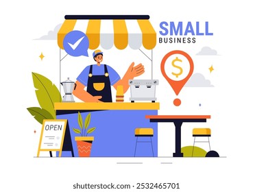 Small Business Vector Illustration Featuring Independent Ventures from Various Sectors Including Thriving Online Store and Food Trucks in a Background