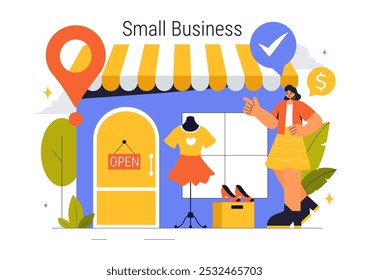 Small Business Vector Illustration Featuring Independent Ventures from Various Sectors Including Thriving Online Store and Food Trucks in a Background