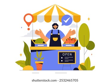 Small Business Vector Illustration Featuring Independent Ventures from Various Sectors Including Thriving Online Store and Food Trucks in a Background