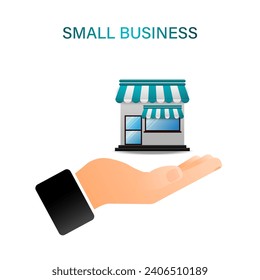 Small business vector illustration. Human hands hold investment business building, support investment concept.
