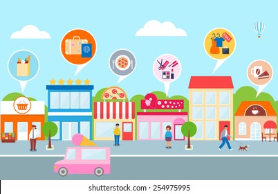 Small Business, Vector Illustration Of A Town - Hotel, Cafe, Pizza, Shop, Market, Beauty Salon