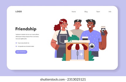 Small business web banner or landing page. Young team of business owners. Friends open a coffe shop. Confindent entrepreneur. Flat vector illustration
