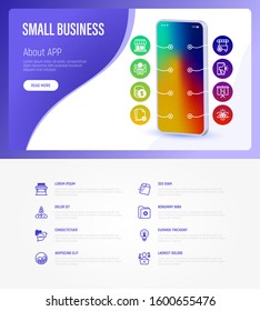 Small business web page template with copy space. Mobile app on smartphone with thin line icons. Marketplace, market stall, job interview, coworking, startup, self employed. Vector illustration.