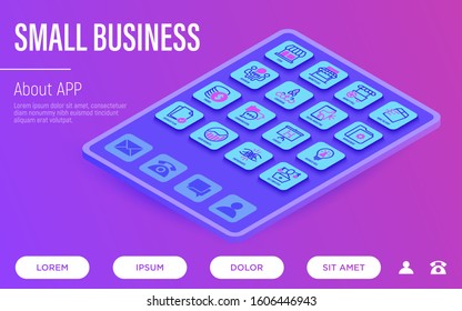 Small business web page template. Buttons on tablet with thin line isometric icons. Marketplace, market stall, home delivery, job interview, coworking, startup, growth chart. Vector illustration.