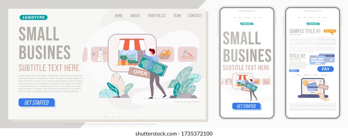Small Business Website. Landing Page For Small Business Owner With Mobile And Pc Site Template. Homepage Website Layout Design Concept.