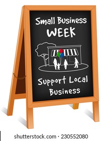 Small Business Week Sign, chalk board folding easel, wood sidewalk frame with brass chain, slate background with text to support local neighborhood stores, shop, family, balloons. EPS8 compatible.