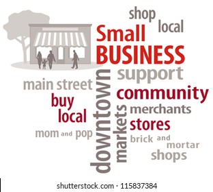 Small Business Word Cloud, family on main street to encourage shopping at local community businesses, neighborhood stores, merchants and shops. 