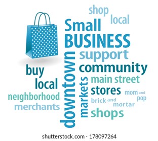 Small Business word cloud in support of local neighborhood community stores, with shopping bag illustration in aqua with polka dots. 