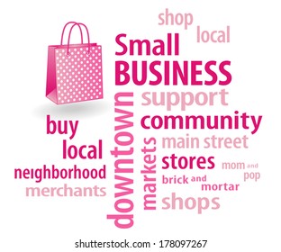 Small Business word cloud in support of local neighborhood community stores, with shopping bag illustration in hot pink with polka dots. 