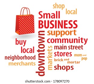 Small Business word cloud in support of local neighborhood community stores, with shopping bag illustration in red with orange polka dots. 