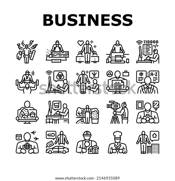 Small Business Worker Occupation Icons Set\
Vector. Personal Chef And Photographer, Home Inspector And Car\
Detailing Specialist, Property Manager Translator Small Business\
Black Contour\
Illustrations