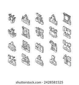 Conjunto de iconos isométricos de ocupación de trabajador de la pequeña empresa. Chef Personal Y Fotógrafo, Inspector Del Hogar Y Especialista En Detalles De Coches, Administrador De Propiedades Y Traductor