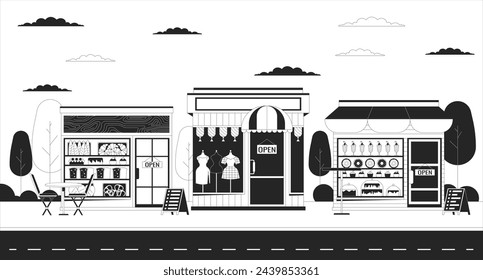 Ilustración de línea en blanco y negro para pequeñas empresas. Visita las tiendas locales. Varias tiendas en la calle 2D paisaje urbano de fondo monocromo. Bienes y servicios de los empresarios delinean la escena imagen vectorial