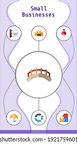 pequeñas empresas plantilla infográfica editable con iconos de sofá, paraguas, rompecabezas, escaneo, gráfico circular, puentes, alfiler