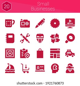 small businesses icon set. 20 filled icons on theme small businesses. collection of Head, Helipad, Notebook, Configuration, Screen, Shopping cart, Saw, Research, Puzzle