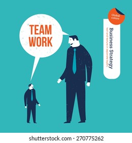 Small businessman and big businessman saying team work. Vector illustration Eps10 file. Global colors. Text and Texture in separate layers.