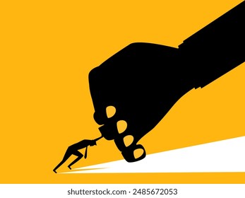 Small businessman fighting with big fists. Stand against the oppression of authoritarian officials