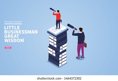 Small businessman great wisdom, small businessman standing on the high stack of books