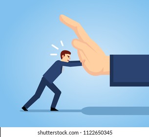 Small businessman pushing big hand. Small man fights against strong opponent, business obstacles. Simple style vector illustration