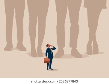 Small businessman standing under giant business people. Survive recession. Career growth and opportunities. Flat vector illustration