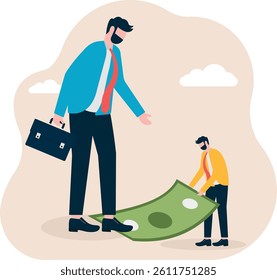 Small businessman struggles to drag out the banknotes that the giant is stepping on,

