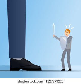 Small businessman with sword facing giant opponent. Business rivalry, competition, obstacles. Flat design vector illustration