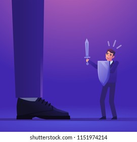 Small businessman with sword facing giant opponent. Business rivalry, competition, obstacles. Colorful design vector illustration