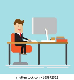 Small Businessman work on the big desk and computer office. 