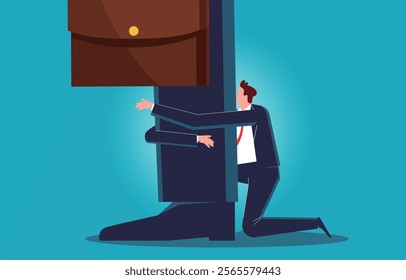 small businessmen hugging the giant's leg