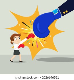 Small businesswoman hand hitting and fighting giant businessman hand, illustration vector cartoon
