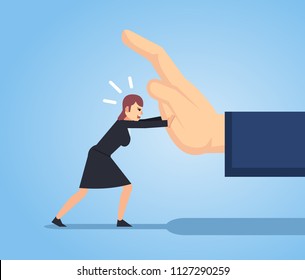 Small businesswoman pushing big hand. Small woman fights against strong opponent, business obstacles. Simple style vector illustration