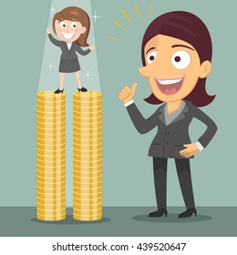 Small businesswoman standing on coin with tall businesswoman, vector illustration cartoon