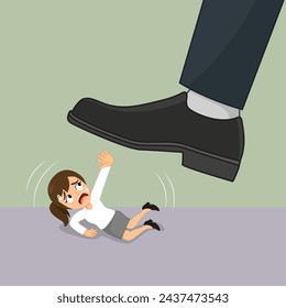 Small businesswoman under big or giant foot. Big and small business get pressed concept, Flat, Poster, Vector, Illustration, Cartoon, EPS10. 