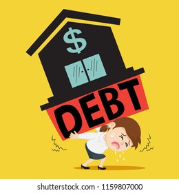 Small businesswoman under financial pressure loan, illustration vector cartoon