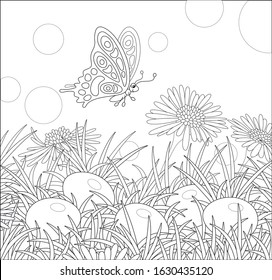Small butterfly flitting over wildflowers   decorated Easter eggs among thick grass sunny spring day  black   white vector cartoon illustration for coloring book page