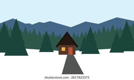 Small cabin in the snowy mountains with cabin life mountains landscape