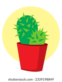 A small cactus in a red pot. Stylized drawing.