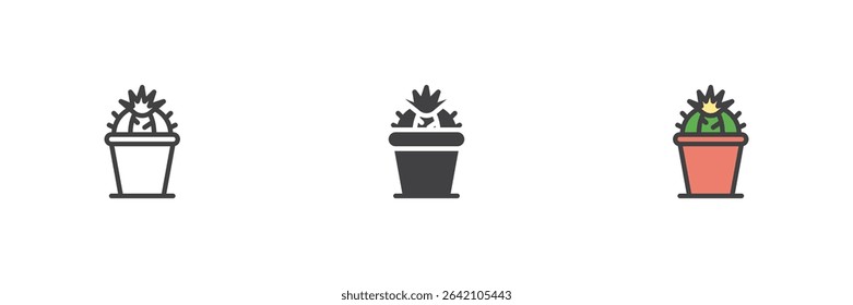 Small cactus in a striped pot shown in line, solid and filled outline styles. Succulent icon pack with desert plant symbol and minimal design.