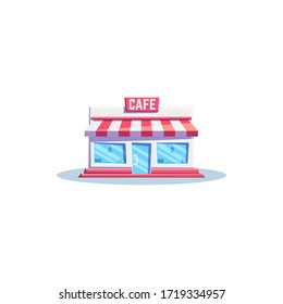Small Cafe Building With Tent Isolated Local Restaurant Facade. Vector Bistro, Cafeteria Or Diner With Showcase, Retail Construction In Flat Style. Cafe Signboard On Roof, Street Food Store, Urban Pub
