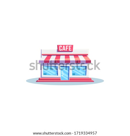 Small cafe building with tent isolated local restaurant facade. Vector bistro, cafeteria or diner with showcase, retail construction in flat style. Cafe signboard on roof, street food store, urban pub