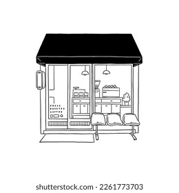 Small cafe business front shop Hand drawn line art illustration