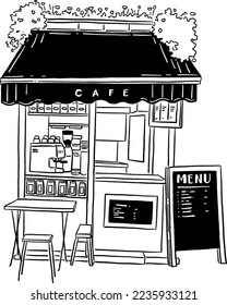 Small Cafe coffee stand in Town Hand drawn line art illustration