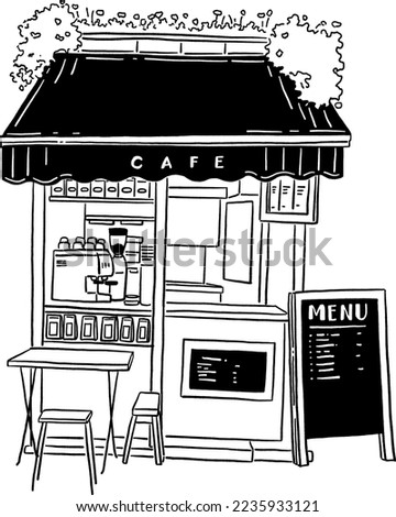 Small Cafe coffee stand in Town Hand drawn line art illustration