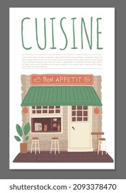 Small Cafe Facade In Old City, Poster For Advertising Or Menu Design, Flat Vector Illustration. Building Exterior With Awning And Tables. Flyer Or Banner For Traditional Cuisine.