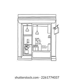 Small Cafe front shop minimal style Hand drawn line art illustration