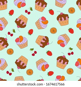 Small cakes and slices of  various fruit on a green background seamless pattern.