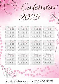 Small calendar 2025 with pink flowers